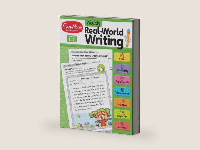 Evan-Moor Weekly Real-World Writing, Grades 1-2 Homeschooling & Classroom Resource, Reproducible Worksheets, Thank You Notes, Internet Search, Emails, ... Web Pages, Journal, Hands-on Activities by Evan-Moor Educational Publishers | barcode:9781645141563 | source:'9781645141563-right-three-quarter.jpg