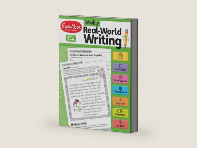 Evan-Moor Weekly Real-World Writing, Grades 3-4 Homeschooling & Classroom Resource, Reproducible Worksheets, Thank You Notes, Internet Search, Emails, ... Web Pages, Journal, Hands-on Activities by Evan-Moor Educational Publishers | barcode:9781645141570 | source:'9781645141570-right-three-quarter.jpg