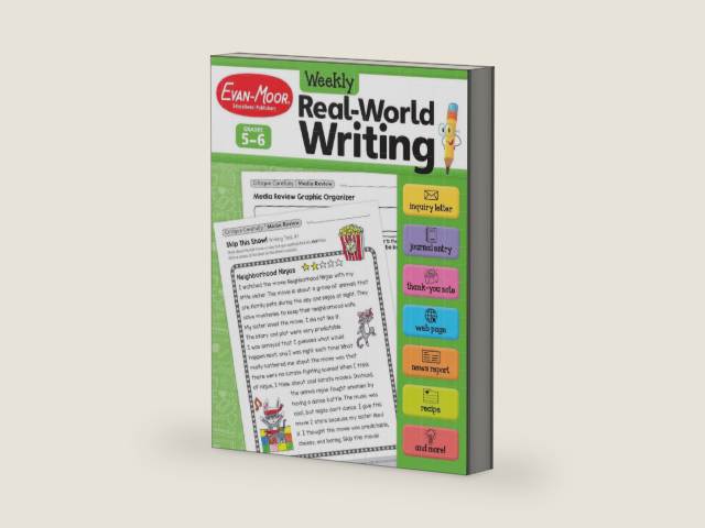 Evan-Moor Weekly Real-World Writing, Grades 5-6 Homeschooling & Classroom Resource, Reproducible Worksheets, Trait-based, Letters, Emails, Advertisements, Web Page, Journal, Hands-on Activities by Evan-Moor Educational Publishers | barcode:9781645141587 | source:'9781645141587-right-three-quarter.jpg