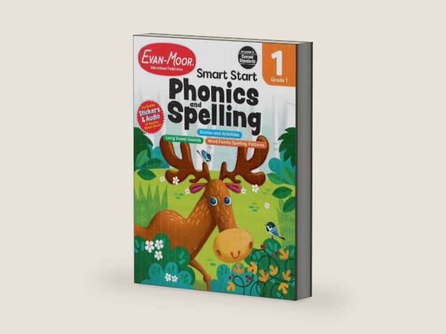 Evan-Moor’s Smart Start Phonics and Spelling Workbook for Grade 1, Beginning Reading, Spelling patterns, Learn to Read, Homeschool, Word families, Stickers, Print Copy, Audio stories by Evan-Moor Educational Publishers | barcode:9781645142775 | source:'9781645142775-right-three-quarter.jpg
