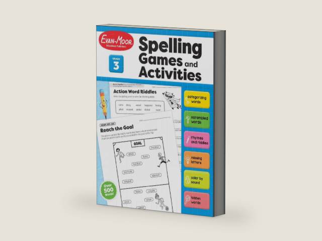 Evan-Moor Spelling Games and Activities, Grade 3 - Classroom Resource, Reproducible Worksheets, Teaching Edition, Spelling Strategies, Word Study Skills by Evan-Moor Educational Publishers | barcode:9781645143307 | source:'9781645143307-right-three-quarter.jpg