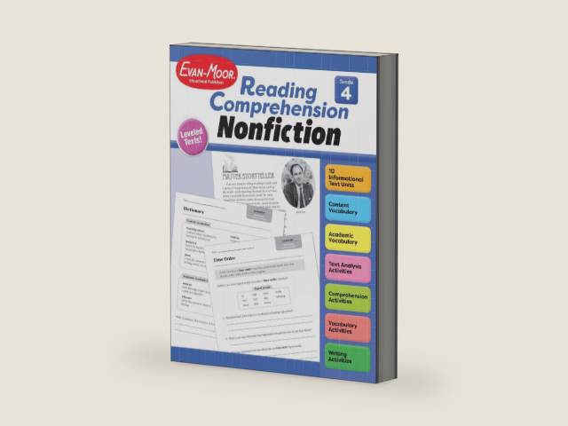 Evan-Moor Reading Comprehension: Nonfiction, Grade 4 - Homeschooling and Classroom Resource Workbook, Biographies, Science, Social studies, Geography, Leveled, Vocabulary, Text structure analysis by Evan-Moor Educational Publishers | barcode:9781645143376 | source:'9781645143376-right-three-quarter.jpg