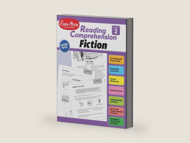 Evan-Moor Reading Comprehension, Fiction Grade 2, Homeschooling and Classroom Resource Workbook, Realistic Fiction, Historical fiction, Poetry, Folk Tales, Fairy tale, Leveled, Aesop’s Fables by Evan-Moor Educational Publishers | barcode:9781645143475 | source:'9781645143475-right-three-quarter.jpg