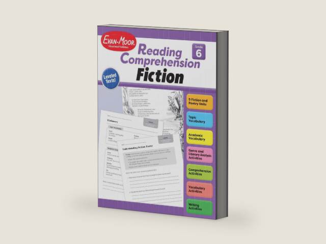 Evan-Moor Reading Comprehension: Fiction Grade 6, Homeschooling and Classroom Resource Workbook, Realistic Fiction, Historical fiction, Poetry, Mystery, Fairy tale, Leveled, Close reading, Science by Evan-Moor Educational Publishers | barcode:9781645143512 | source:'9781645143512-right-three-quarter.jpg
