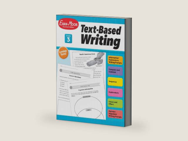 Evan-Moor's Text-Based Writing, Grade 3 – Homeschooling and Classroom Resource Workbook, Citing Evidence, Prompts, Leveled Texts, Informative, Compare and Contrast, Opinion, Sequence, Biography by Evan-Moor Educational Publishers | barcode:9781645143536 | source:'9781645143536-right-three-quarter.jpg