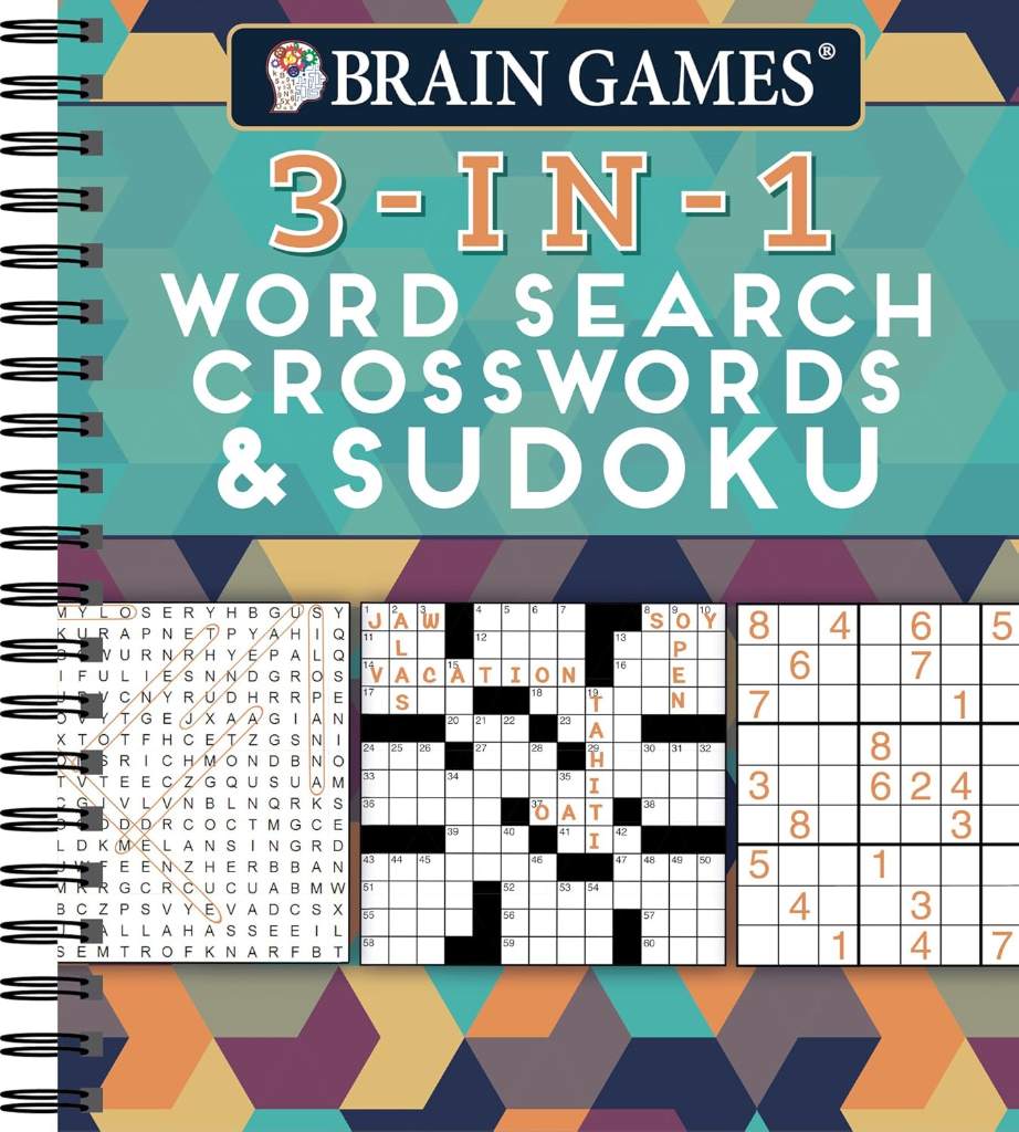 Brain Games - 3-In-1 Puzzle Book: Word Search, Crosswords & Sudoku | 256 Pages, Spiral Bound | Large Variety Activity Book for Adults, Seniors, Teens by Publications International Ltd. | barcode:9781680225884 | source:'9781680225884.jpg