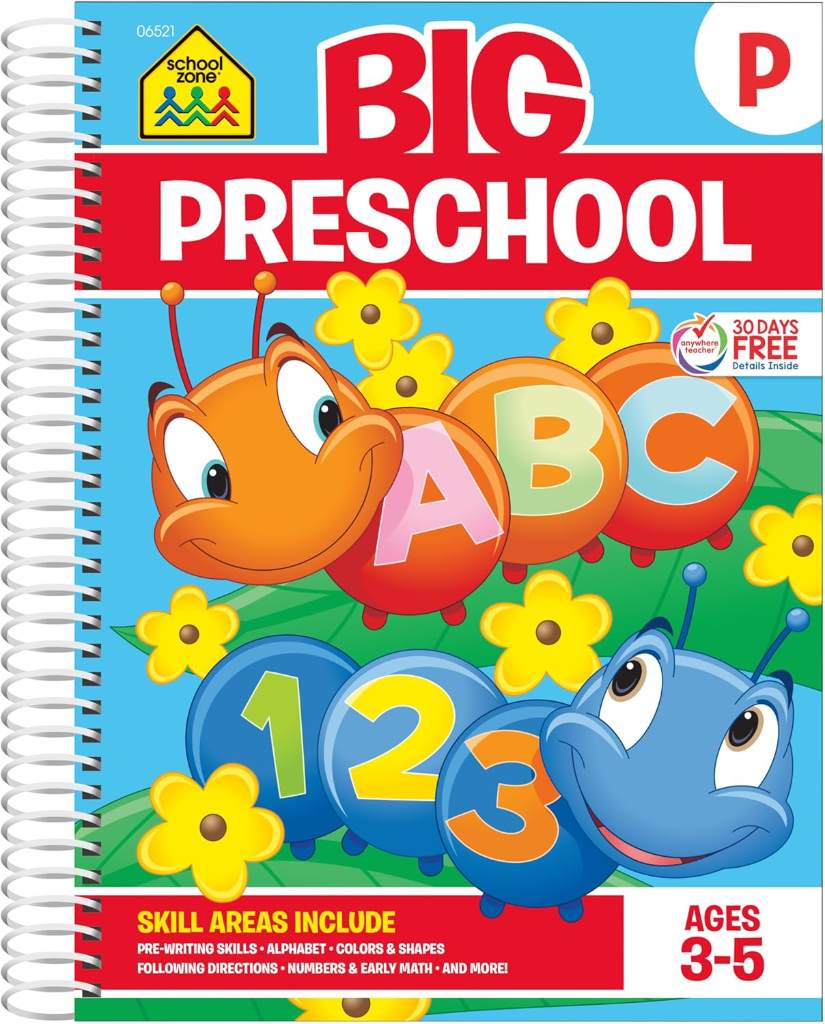 School Zone Big Preschool Workbook: 320 Spiral-Bound Pages, Pre-K, Colors, Shapes, Numbers, Early Math, Alphabet, Pre-Writing, Phonics, Following Directions, Ages 3-5 by School Zone | barcode:9781681473994 | source:'9781681473994.jpg
