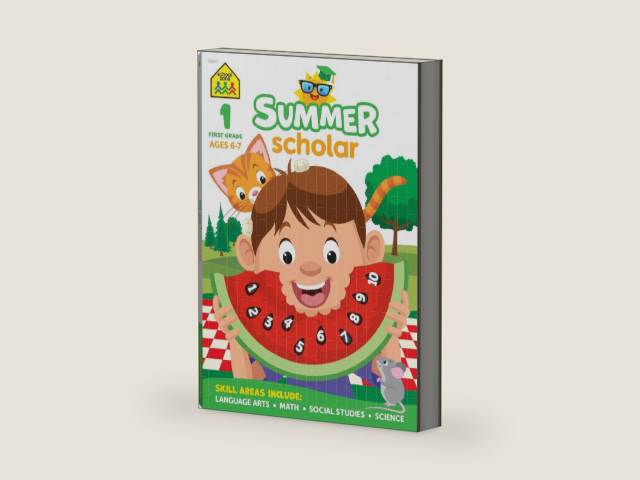 School Zone First Grade Summer Scholar Workbook: 80 Pages, 1st Grade, Reading Comprehension, Phonics, Addition, Subtraction, Time, Money, Science, Social Studies, Ages 6 to 7 by School Zone | barcode:9781681475349 | source:'9781681475349-right-three-quarter.jpg