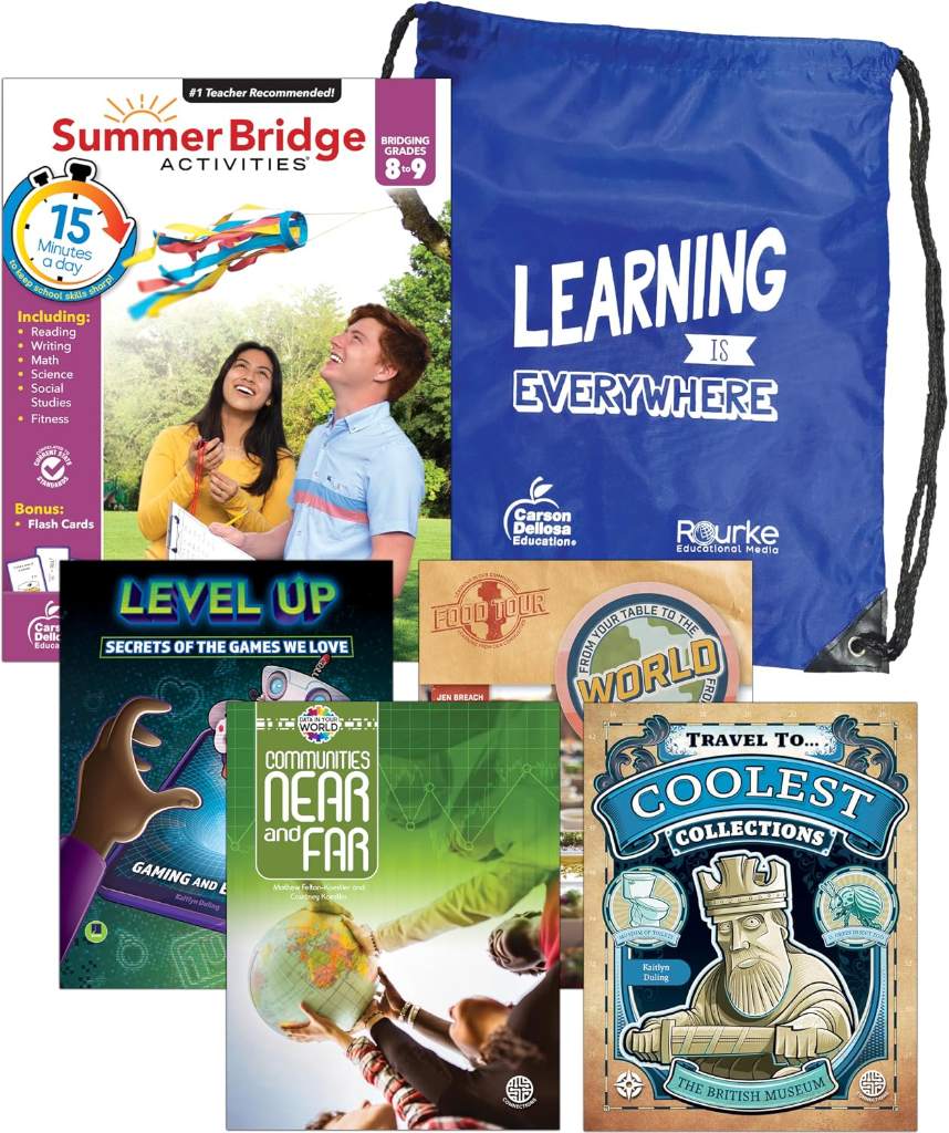 Summer Bridge Activities 8-9 Bundle, Ages 13-14, Math, Reading Comprehension, Writing, Science Summer Learning 9th Grade Workbooks All Subjects With Flash Cards, Children's Books, Drawstring Bag by Rourke Educational Media | barcode:9781731653819 | source:'9781731653819.jpg