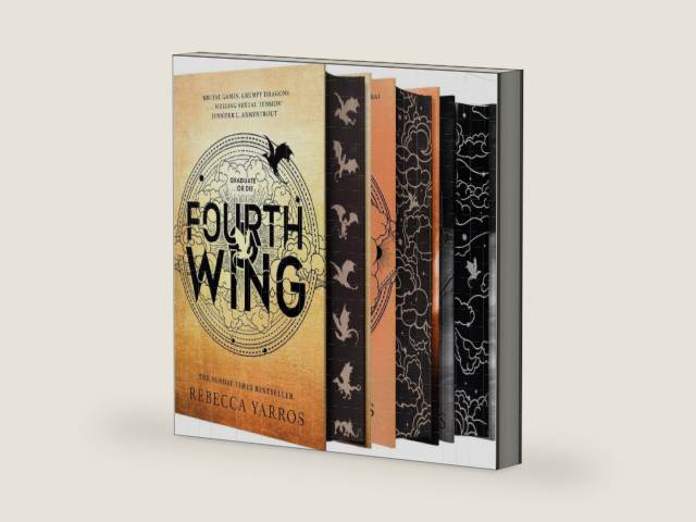 Empyrean Series Deluxe Edition (3 Book Set) – Fourth Wing, Iron Flame, Onyx Storm by Rebecca Yarros – Sprayed Edges Hardcover Collection by Rebecca Yarros | barcode:9781806159918 | source:'9781806159918-right-three-quarter.jpg