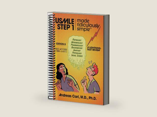USMLE Step 1 Made Ridiculously Simple: Your First Aid for the USMLE, Spiral Bound Color Edition + 1000 Question Quiz by Andreas Carl M.D. Ph.D. | barcode:9781935660729 | source:'9781935660729-right-three-quarter.jpg