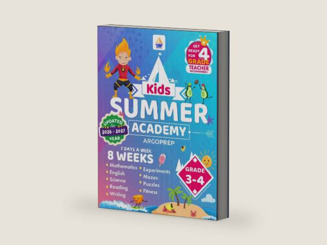 Kids Summer Academy by ArgoPrep - Grades 3-4: 8 Weeks of Math, Reading, Science, Logic, Fitness and Yoga | Online Access Included | Prevent Summer Learning Loss by ArgoPrep | barcode:9781946755698 | source:'9781946755698-right-three-quarter.jpg