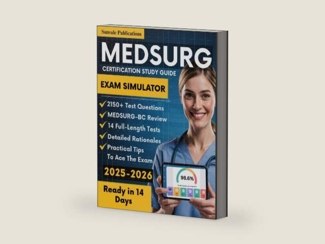 Med Surg Certification Study Guide: All-in-One MEDSURG-BC Intensive Review with 2150+ Practice Questions (14 Full-Length Tests) to ace the ANCC ... Nursing Certification Exam with Confidence by Sunvale Publications | barcode:9781965858165 | source:'9781965858165-right-three-quarter.jpg