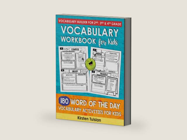 Vocabulary Workbook for Kids: 180 Word of the Day Vocabulary Builder Activities for 2nd, 3rd & 4th Grade (Vocabulary Builder Workbooks) by Kirsten Tulsian | barcode:9781967684120 | source:'9781967684120-right-three-quarter.jpg
