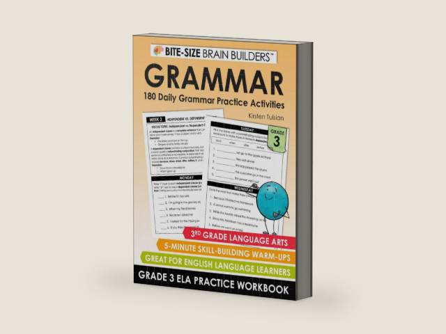 180 Daily Grammar Practice Activities: 3rd Grade English Language Arts Lessons and Skill-Building Warm-Ups (Bite-Size Brain Builders Workbooks) by Kirsten Tulsian | barcode:9781967684168 | source:'9781967684168-right-three-quarter.jpg