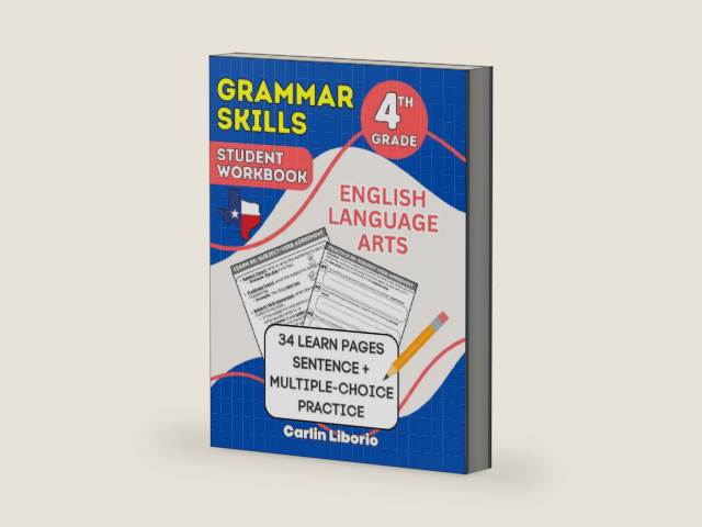 Grammar Skills Student Workbook - 4th Grade: English Language Arts - 34 Learn Pages + Sentence and Multiple-Choice Practice (4th Grade Language Arts Series) by Carlin Liborio | barcode:9781970942064 | source:'9781970942064-right-three-quarter.jpg