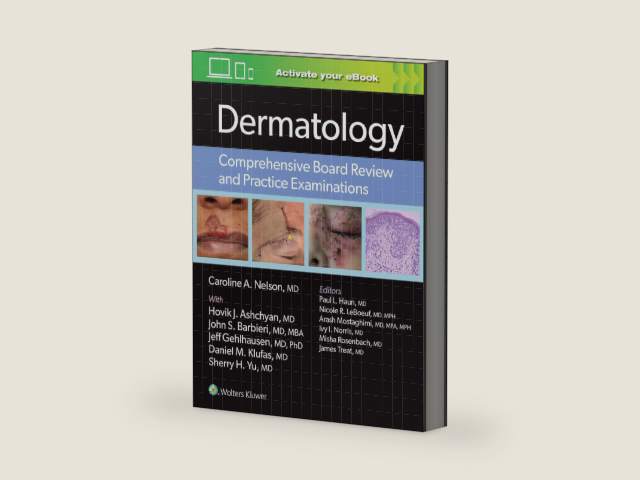 Dermatology: Comprehensive Board Review and Practice Examinations: Print + eBook with Multimedia by Dr. Caroline Nelson MD | barcode:9781975141714 | source:'9781975141714-right-three-quarter.jpg