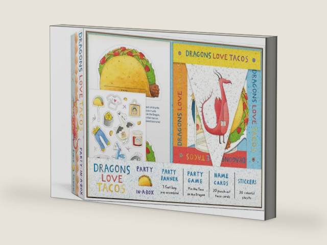 Dragons Love Tacos Party-in-a-Box: Includes Fold-Out Game, Banner, and 20 Sticker Sheets by Adam Rubin | barcode:9781984824721 | source:'9781984824721-right-three-quarter.jpg