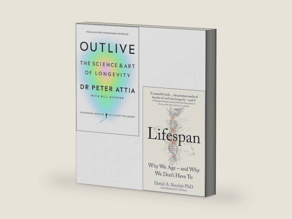 Outlive The Science and Art of Longevity By Peter Attia, Bill Gifford & Lifespan Why We Age and Why We Don’t Have To By Dr David A. Sinclair 2 Books Collection Set by Bill Gifford Peter Attia | barcode:9789124343057 | source:'9789124343057-right-three-quarter.jpg