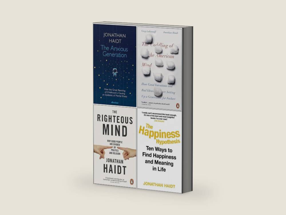Jonathan Haidt Collection 4 Books Set (The Anxious Generation, The Coddling of the American Mind, The Righteous Mind, The Happiness Hypothesis) by Jonathan Haidt | barcode:9789124345914 | source:'9789124345914-right-three-quarter.jpg