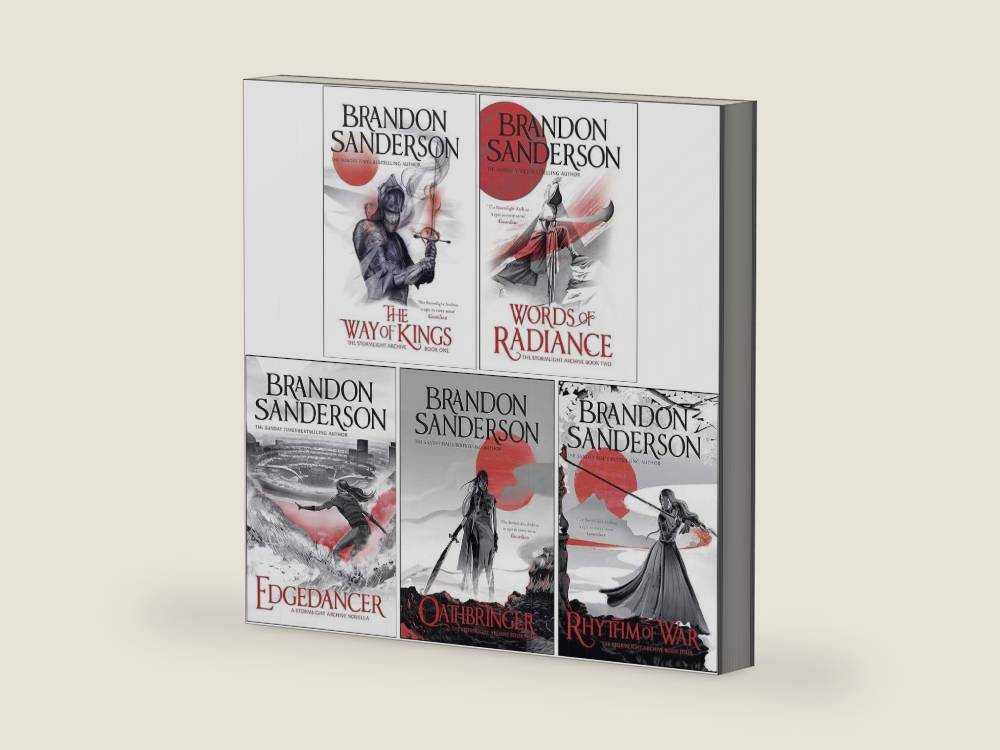 The Stormlight Archive Series 5 Books Collection Set by Brandon Sanderson (The Way of Kings Book 1, Words of Radiance Book 2, Oathbringer Book 3, Rythm of War Book 4 & Edgedancer) by Brandon Sanderson | barcode:9789124362102 | source:'9789124362102-right-three-quarter.jpg