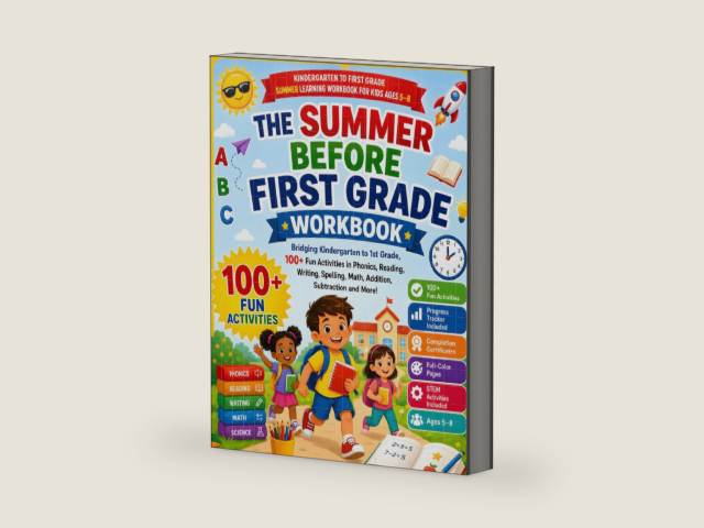 The Summer Before First Grade Workbook: Bridging Kindergarten to 1st Grade,100+ Fun Activities in Phonics, Reading, Writing, Spelling, Math, Addition, ... Summer Learning Workbook for Kids Ages 5–8 by David Moruri | barcode:9798180012913 | source:'9798180012913-right-three-quarter.jpg