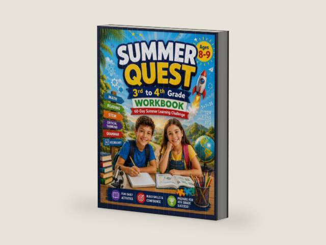 Summer Quest: 3rd to 4th Grade Workbook: 60-Day Summer Learning Challenge with Math, Reading, Grammar, STEM, Vocabulary & Critical Thinking (Summer Quest Daily Bridge Adventure Series) by Adventure Learning Press | barcode:9798180078223 | source:'9798180078223-right-three-quarter.jpg