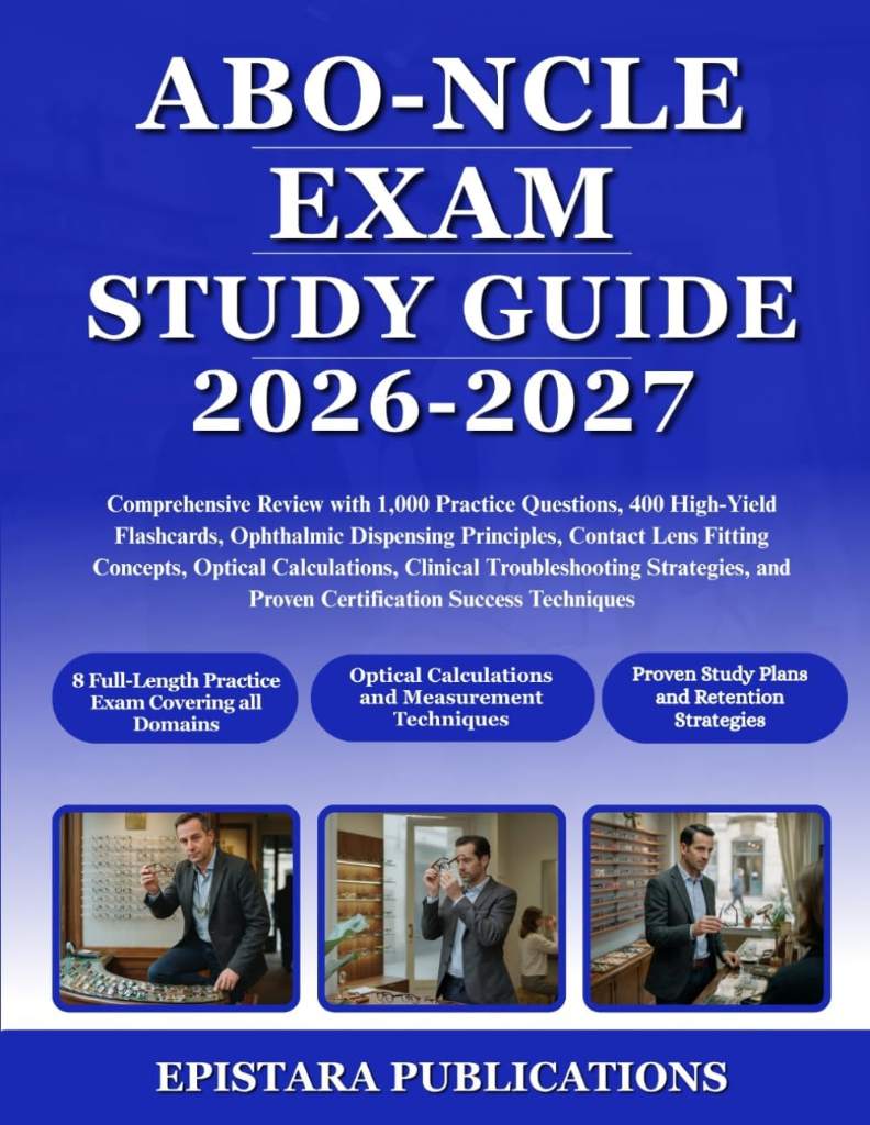 ABO-NCLE EXAM STUDY GUIDE 2026-2027: Comprehensive Review with 1,000 Practice Questions, 400 High-Yield Flashcards, Ophthalmic Dispensing Principles, ... Troubleshooting Strategies, and Proven ... by EPISTARA PUBLICATIONS | barcode:9798180205797 | source:'9798180205797.jpg