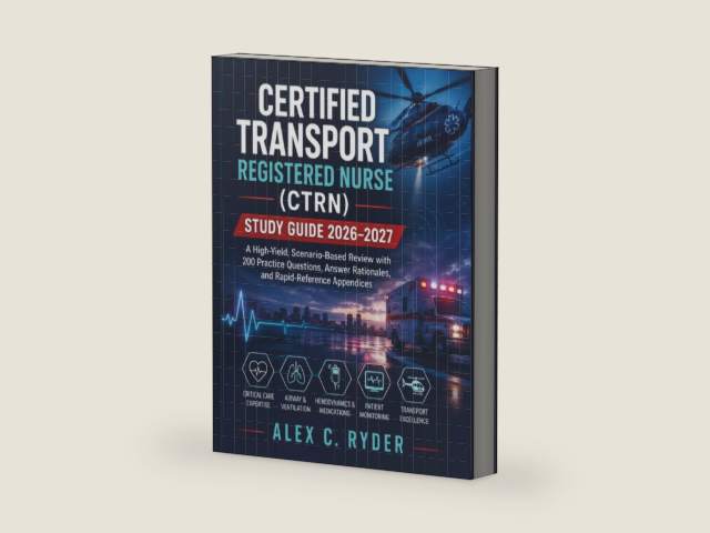 CERTIFIED TRANSPORT REGISTERED NURSE (CTRN) STUDY GUIDE 2026–2027: A High-Yield, Scenario-Based Review with 200 Practice Questions, Answer Rationales, and Rapid-Reference Appendices by Alex C. Ryder | barcode:9798180220219 | source:'9798180220219-right-three-quarter.jpg