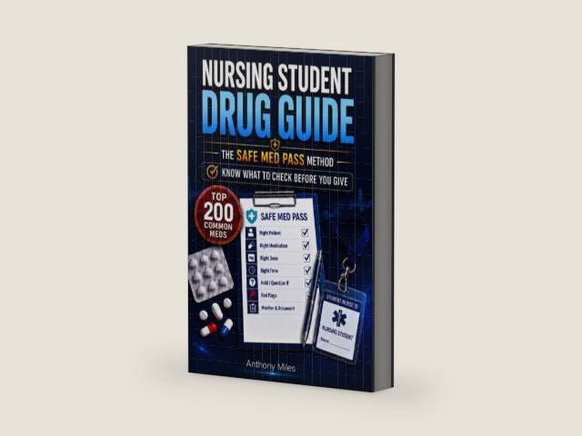 Nursing Student Drug Guide: The Safe Med Pass Method for Top 200 Common Meds, Hold Parameters, Red Flags, Clinical Confidence, and Exam Prep by Anthony Miles | barcode:9798180341839 | source:'9798180341839-right-three-quarter.jpg