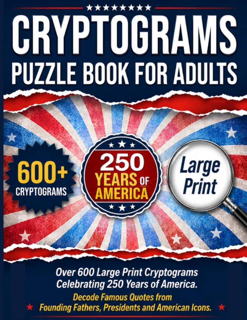 Cryptograms Puzzle Book For Adults: Over 600 Large Print Cryptograms Celebrating 250 Years of America. Decode Famous Quotes from Founding Fathers, Presidents and American Icons. by Wordsmith Publishing | barcode:9798181035744 | source:'9798181035744.jpg