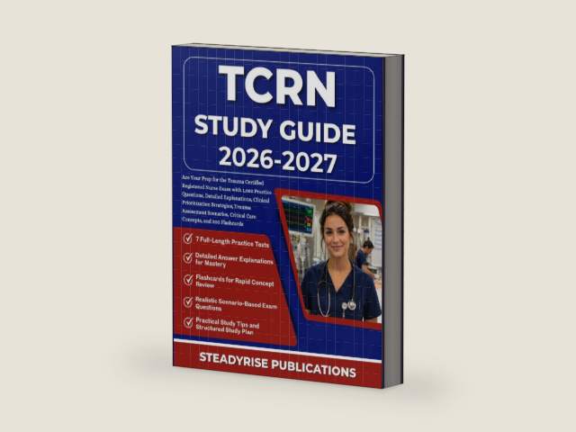 TCRN STUDY GUIDE 2026-2027: Ace Your Prep for the Trauma Certified Registered Nurse Exam with 1,050 Practice Questions, Detailed Explanations, ... Critical Care Concepts, and 300 Flashcards by STEADYRISE PUBLICATIONS | barcode:9798181100404 | source:'9798181100404-right-three-quarter.jpg