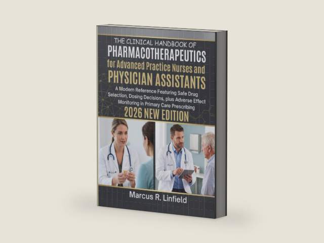 The Clinical Handbook of Pharmacotherapeutics for Advanced Practice Nurses and Physician Assistants: A Modern Reference Featuring Safe Drug Selection, Dosing Decisions, plus Adverse Effect Monitoring in Primary Care Prescribing by Marcus R. Linfield | barcode:9798181177208 | source:'9798181177208-right-three-quarter.jpg