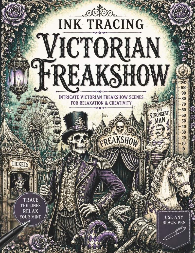 Ink Tracing Victorian Freakshow: A White Line Tracing Book of Victorian Carnival Attractions, Sideshow Oddities, Freakshow Performers, Curious ... Scenes (The Gothic Ink Tracing Collection) by Story Stone | barcode:9798181200098 | source:'9798181200098.jpg