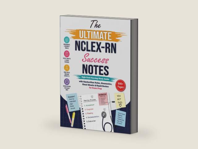 The Ultimate NCLEX-RN Success Notes: High-Yield Nursing Study Guide with Handwritten Notes, Mnemonics, Cheat Sheets & Rapid Review for Exam Prep by Sarah RN | barcode:9798181594326 | source:'9798181594326-right-three-quarter.jpg