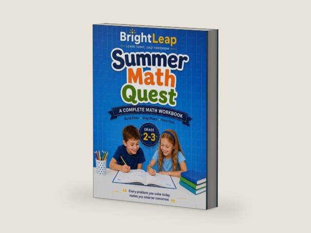 Summer Math Quest for Grade 2-3: Adventure Workbook: 40 Days of Math Practice with Addition, Subtraction, Place Value, Money, Time, Measurement, ... Bonus Puzzles, Drills, Flashcards, and Answer by BrighLeap Publications | barcode:9798181649422 | source:'9798181649422-right-three-quarter.jpg