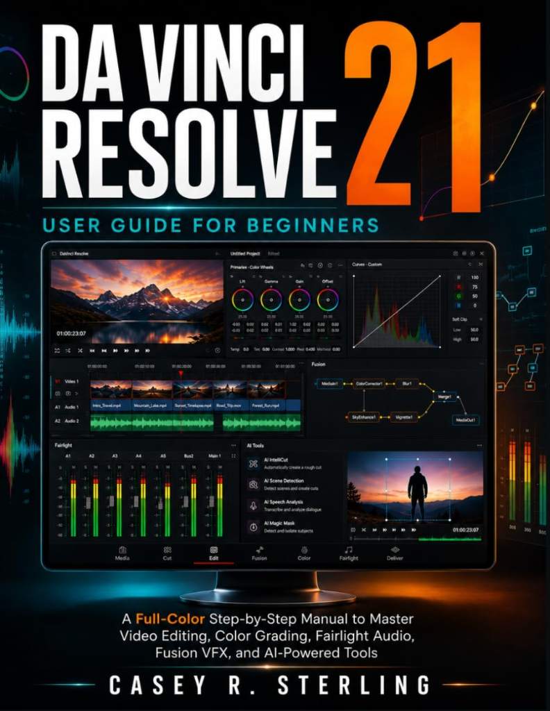 DaVinci Resolve 21 User Guide for Beginners: A full-color Step-by-Step Manual to Master Video Editing, Color Grading, Fairlight Audio, Fusion VFX, and AI-Powered Tools by Casey R. Sterling | barcode:9798182172233 | source:'9798182172233.jpg