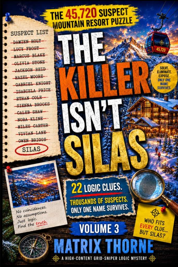 THE KILLER ISN'T SILAS:The 45,720 Suspect Mountain Resort Puzzle: 22 Logic Clues. Thousands of Suspects. Only One Name Survives. (MATRIX THORNE DEDUCTION SERIES) by MATRIX THORNE | barcode:9798182322836 | source:'9798182322836.jpg
