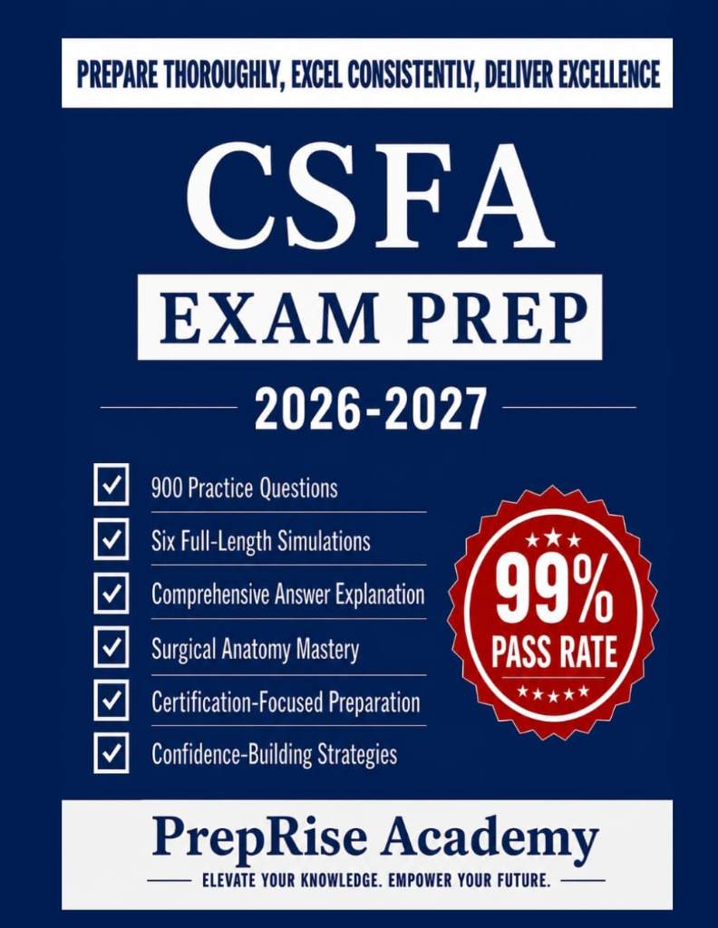 CSFA (NBSTSA) Exam Prep: 900 practice Questions, Six Full-Length mock test, Detailed Answer Rationales, and Proven Strategies for Success on the Certified Surgical First Assistant Certification Exam by PrepRise Academy | barcode:9798182455435 | source:'9798182455435.jpg