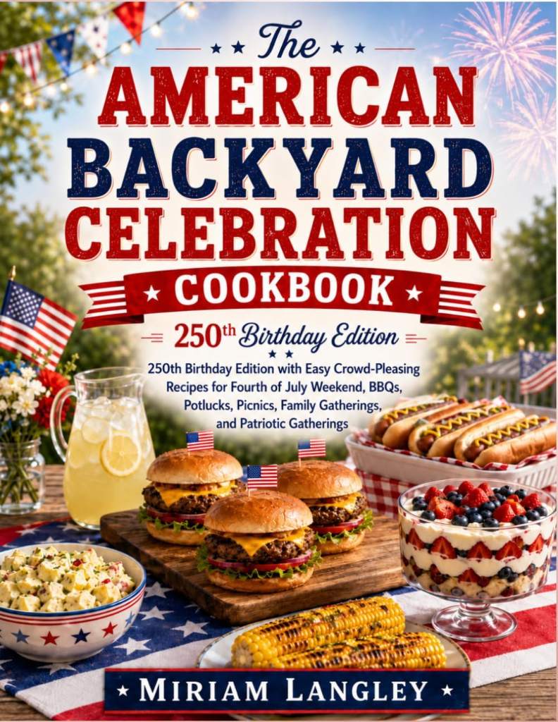 The American Backyard Celebration Cookbook: 250th Birthday Edition with Easy Crowd-Pleasing Recipes for Fourth of July Weekend, BBQs, Potlucks, Picnics, Family Gatherings and Patriotic Gatherings by Miriam Langley | barcode:9798183561517 | source:'9798183561517.jpg