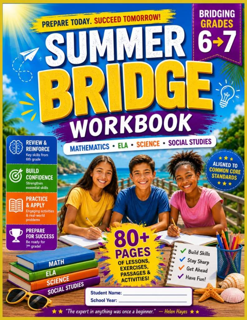 Summer Bridge Workbook Grade 6 to 7: Daily Practice in Math, Reading, Writing, Science, Social Studies, Algebra Readiness, Geometry, and Critical Thinking for Students Entering 7th Grade by Dr Crawford Allison | barcode:9798183961102 | source:'9798183961102.jpg