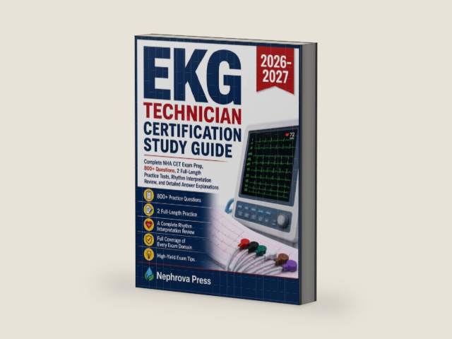 EKG Technician Certification Study Guide 2026-2027: Complete NHA CET Exam Prep, 800+ Questions, 2 Full-Length Practice Tests, Rhythm Interpretation Review, and Detailed Answer Explanations by Nephrova Press | barcode:9798184589558 | source:'9798184589558-right-three-quarter.jpg