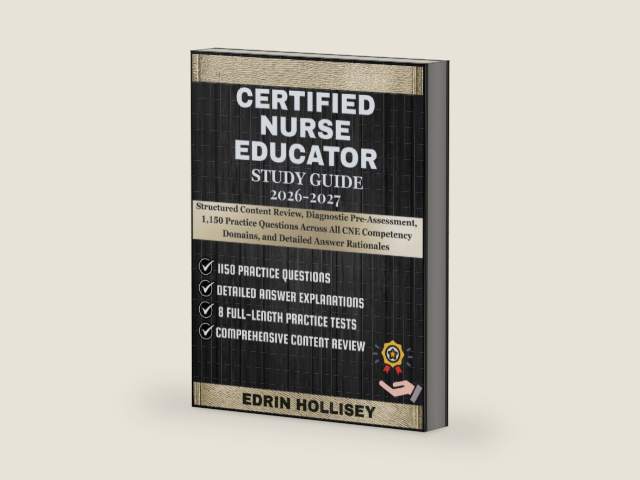 CERTIFIED NURSE EDUCATOR STUDY GUIDE 2026-2027: Structured Content Review, Diagnostic Pre-Assessment, 1,150 Practice Questions Across All CNE Competency Domains, and Detailed Answer Rationales by EDRIN HOLLISEY | barcode:9798184593470 | source:'9798184593470-right-three-quarter.jpg