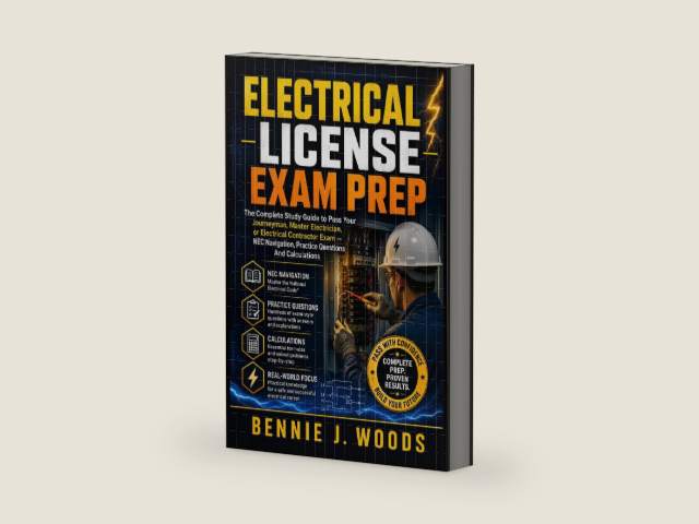 ELECTRICAL LICENSE EXAM PREP: The Complete Study Guide To Pass Your Journeyman, Master Electrician, Or Electrical Contractor Exam With NEC Navigation, Practice Questions And Calculations by Bennie J. Woods | barcode:9798185264898 | source:'9798185264898-right-three-quarter.jpg
