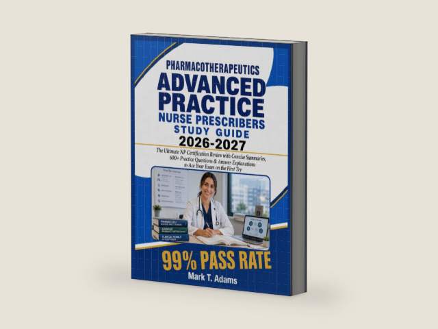 PHARMACOTHERAPEUTICS ADVANCED PRACTICE NURSE PRESCRIBERS Study Guide 2026-2027: The Ultimate NP Certification Review with Concise Summaries, 600+ ... to Ace Your Exam on the First Try by Mark T Adams | barcode:9798185759707 | source:'9798185759707-right-three-quarter.jpg