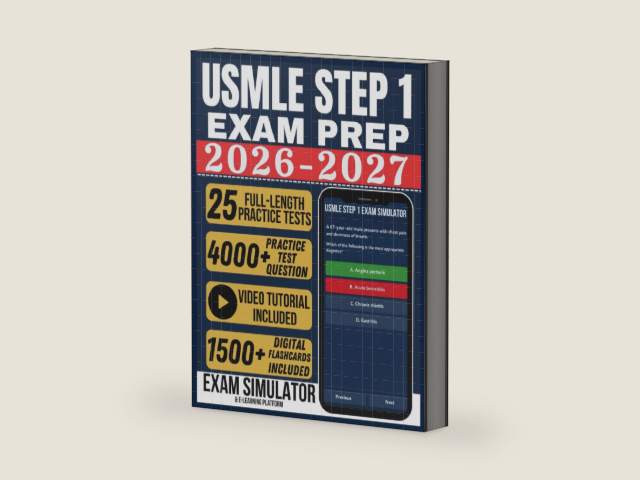 USMLE STEP 1 EXAM PREP 2026-2027: Pass on Your First Attempt With 4000+ Practice Questions, 25 Full-Length Practice Tests, Exam Simulator, Video Tutorials, and Flashcards by Aldric Fennimore | barcode:9798195620639 | source:'9798195620639-right-three-quarter.jpg