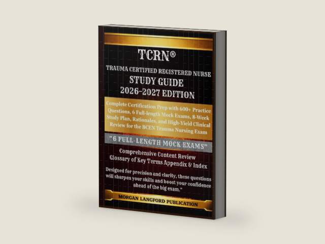 TCRN® Trauma Certified Registered Nurse STUDY GUIDE 2026-2027 EDITION: Complete Certification Prep with 600+ Practice Questions, 6 Full-length Mock ... Review for the BCEN Trauma Nursing Exam by MORGAN LANGFORD PUBLICATION | barcode:9798195636753 | source:'9798195636753-right-three-quarter.jpg