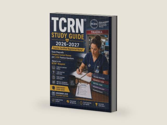 TCRN® Study Guide 2026-2027: Trauma Certified Registered Nurse® Exam Prep with Complete Content Review and 1,000 Practice Questions Aligned to the BCEN® Blueprint by R.Morgan Clark | barcode:9798196514791 | source:'9798196514791-right-three-quarter.jpg
