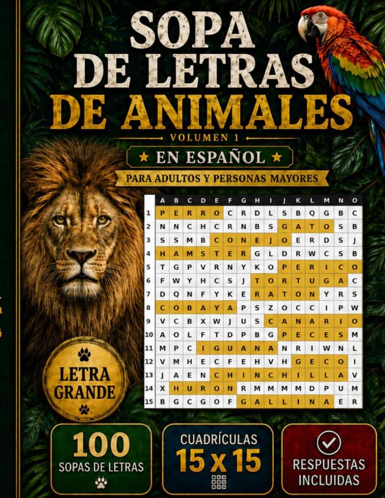Sopa de letras de animales: En español: 100 sopas de letras para adultos y personas mayores, letra grande, cuadrículas 15 x 15, respuestas incluidas (Spanish Edition) by Palabras Books | barcode:9798196954900 | source:'9798196954900.jpg