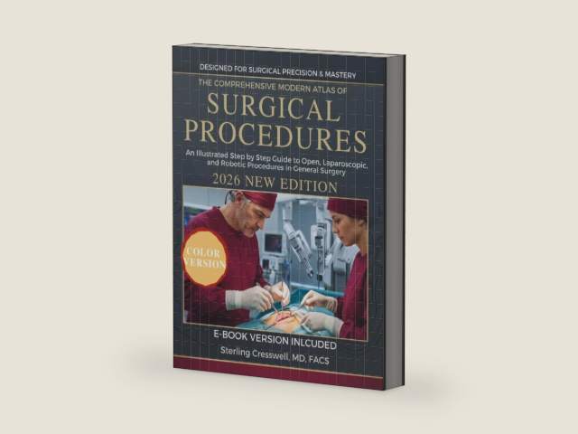 The Comprehensive Modern Atlas of Surgical Operations: An Illustrated Step by Step Guide to Open, Laparoscopic, and Robotic Procedures in General Surgery by Sterling Cresswell, MD, FACS | barcode:9798197121998 | source:'9798197121998-right-three-quarter.jpg